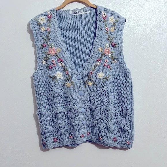 hand knit Jackets & Blazers - Vintage Cottage Core Grandma Hand Made  Blue Sweater Vest  Floral Embroidery